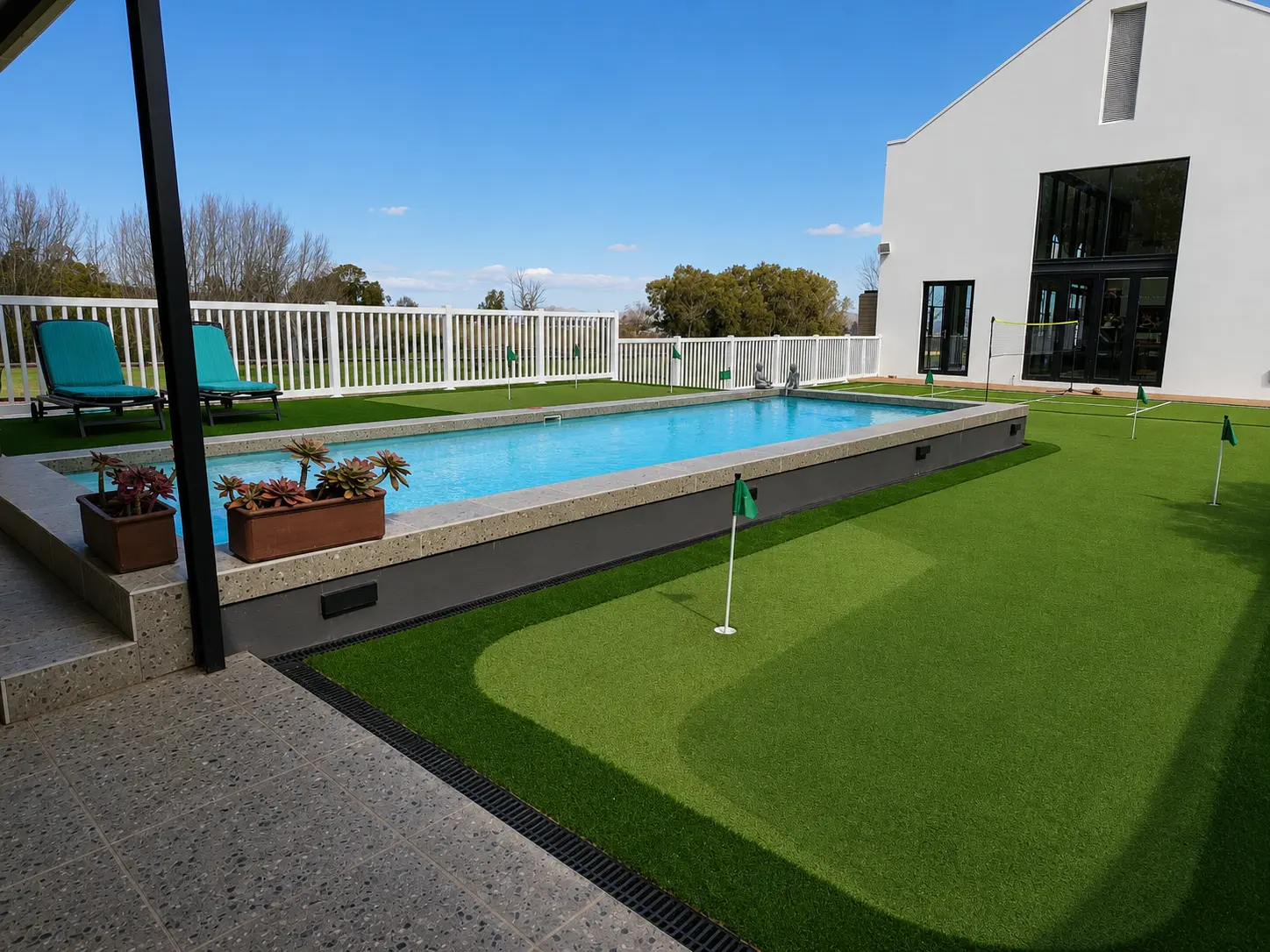 Private swimming pool and poolside lounge area for Strings guests