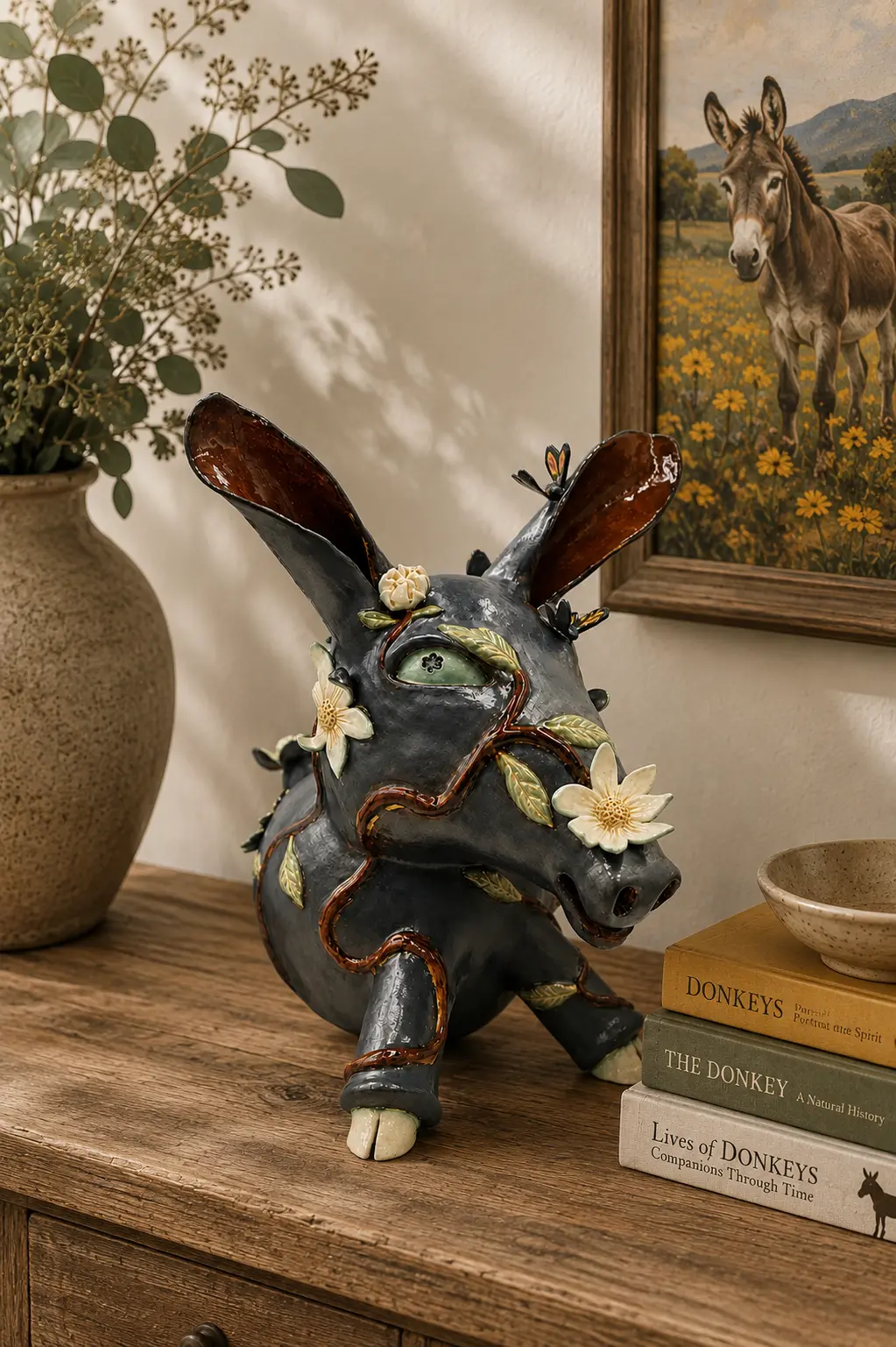 Katie ceramic sculpture displayed on a wooden console in an interior setting