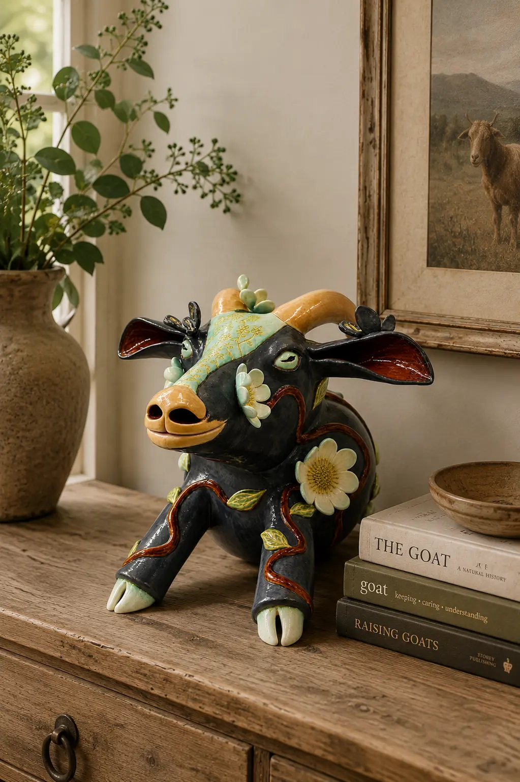 Suzie ceramic sculpture displayed on a wooden cabinet in an interior setting